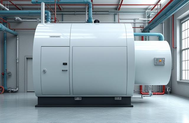 Photo showing the installation of a modern, energy-efficient industrial boiler