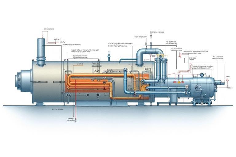 Complex technical diagram illustrating the various components and flow within an industrial boiler system