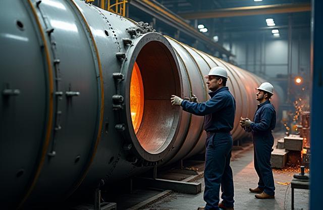 Engineers inspecting a large industrial boiler shell during manufacturing
