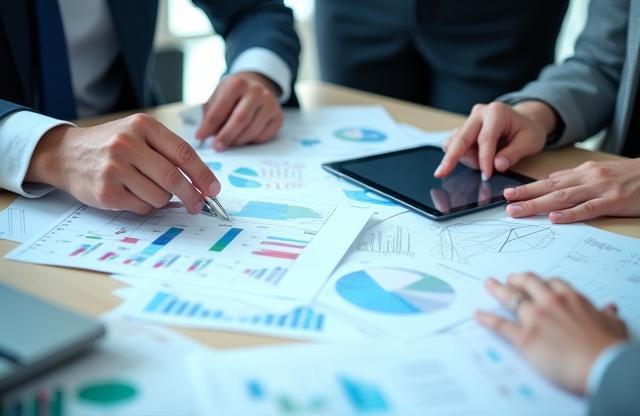 Consultants analyzing data charts and diagrams related to energy consumption