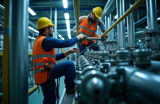 Skilled technicians installing complex industrial piping and equipment