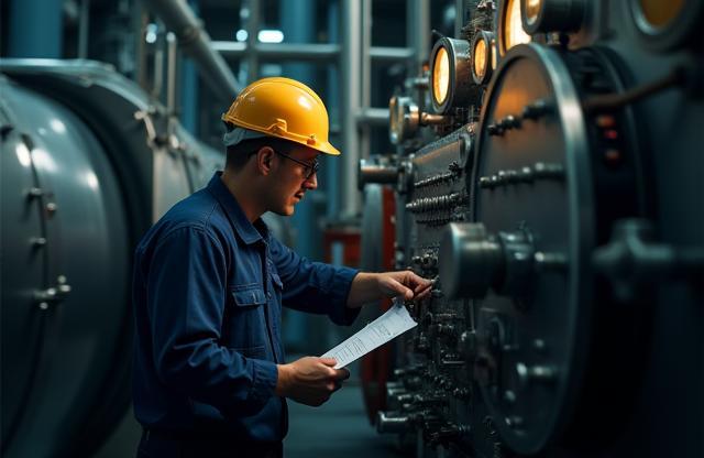 A technician conducting a thorough inspection and maintenance check on an industrial boiler