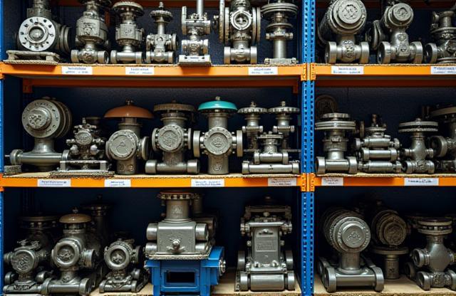 Neatly organized racks displaying various industrial spare parts