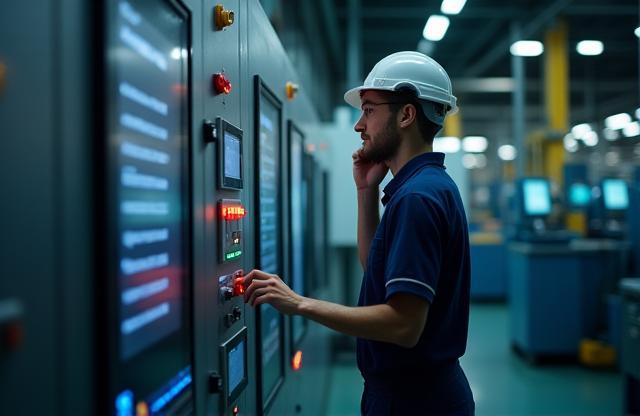 Technician speaking on the phone near an industrial control panel